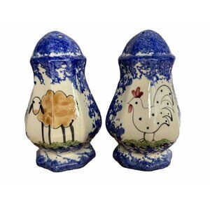 Vintage Molly Dallas Salt & Pepper Shakers Signed Rooster And Sheep Blue
